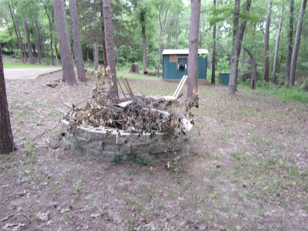fire pit with shed in background