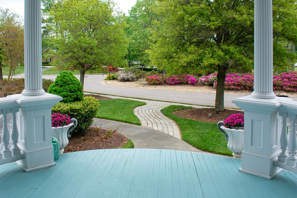 View from the main entrance. Azaleas in full bloom