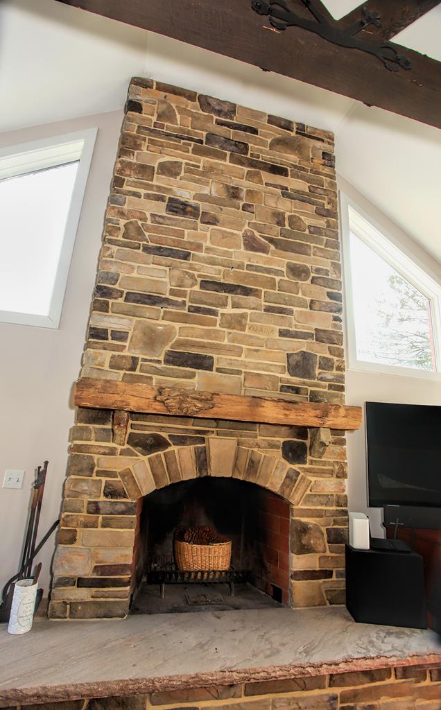 Stone Fireplace, Chestnut Mantle